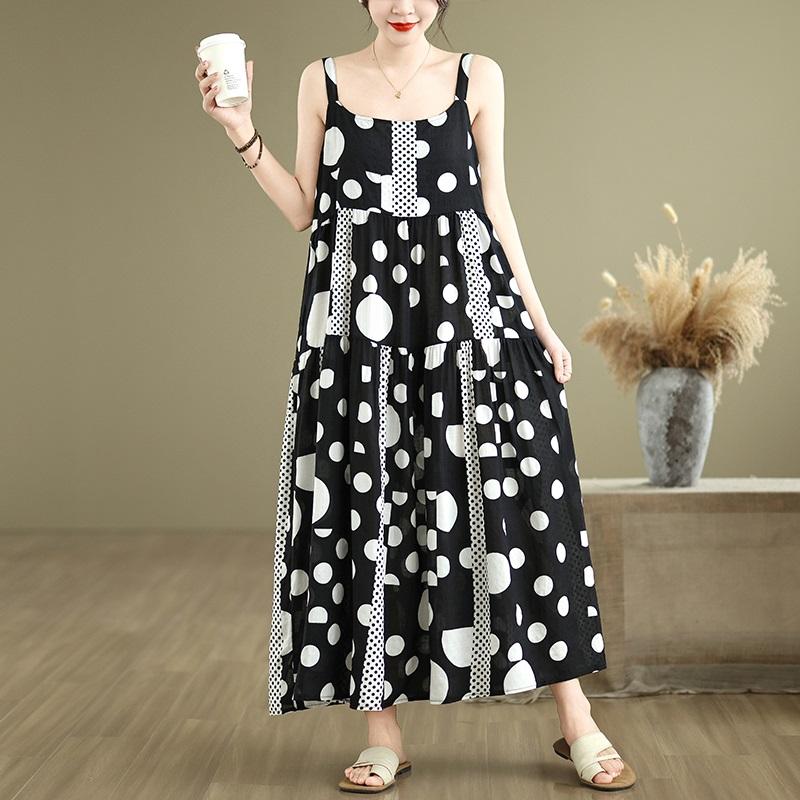 Bez rukávů na ramínka Nadměrná velikost bavlna vintage květinový novinka šaty pro ženy ležérní volné dlouhé letní šaty