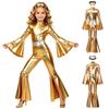 Girls Metallic Disco Jumpsuit Split Flare Legs Long Bell Sleeves Mock Neck Back Invisible Zipper Bodysuit with Matching Headband for Theme Party