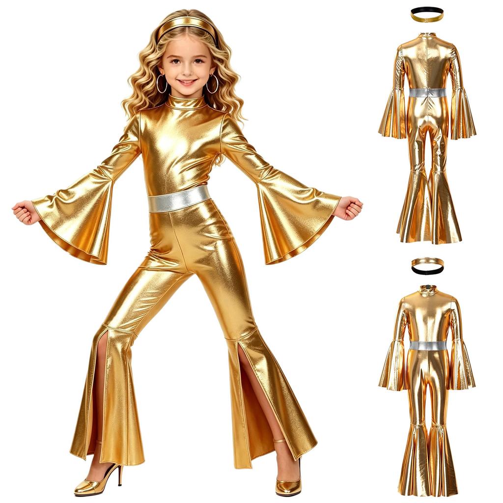 Girls Metallic Disco Jumpsuit Split Flare Legs Long Bell Sleeves Mock Neck Back Invisible Zipper Bodysuit with Matching Headband for Theme Party