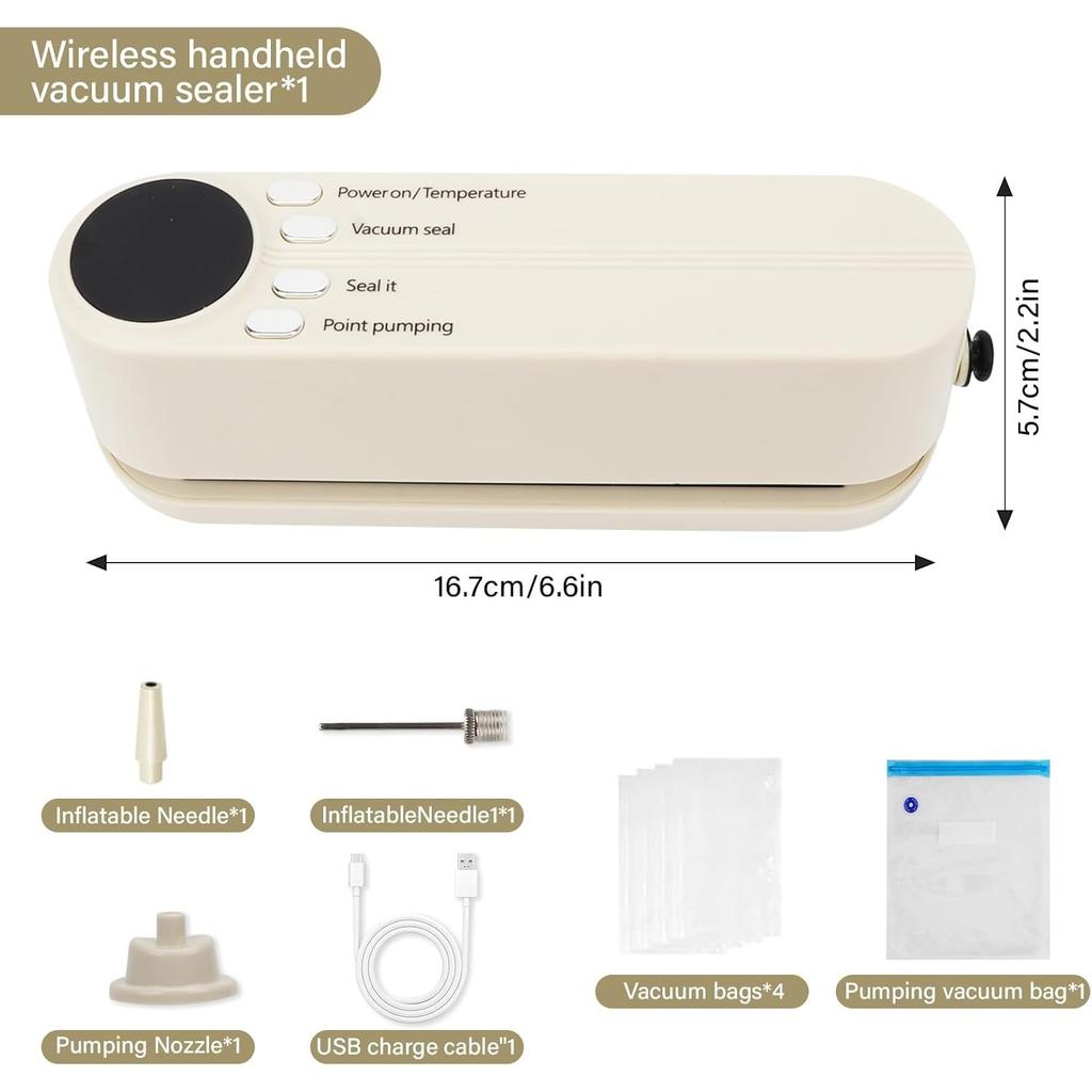 Food Storage Vacuum Sealer Machine,3 in 1 Mini Cordless Rechargeable Food Sealer for Dry/Moist Food Storage,4 Snack Bags,1 Storage Bag,Inflation Pump