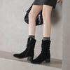 Krazing Pot Cow Suede Nubuck Round Toe Thick Heels Western Boots Size 42 Slip on Women Pleated Decoration Mid-calf Boots