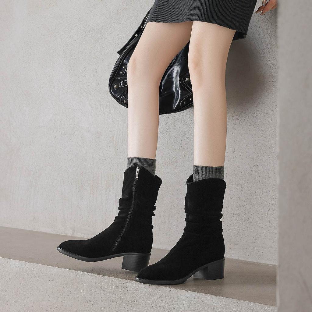 Krazing Pot Cow Suede Nubuck Round Toe Thick Heels Western Boots Size 42 Slip on Women Pleated Decoration Mid-calf Boots