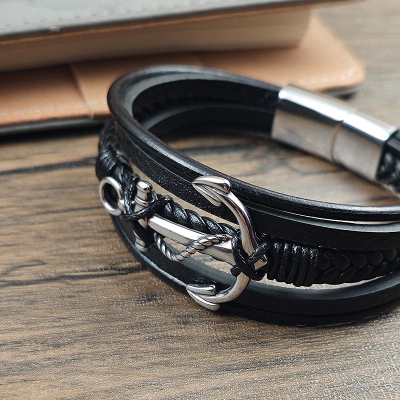 Punk Arrow Entanglement Design Men Jewelry Leather Braided Bracelets Stainless Steel Black Bracelets Fashion Male Bangle
