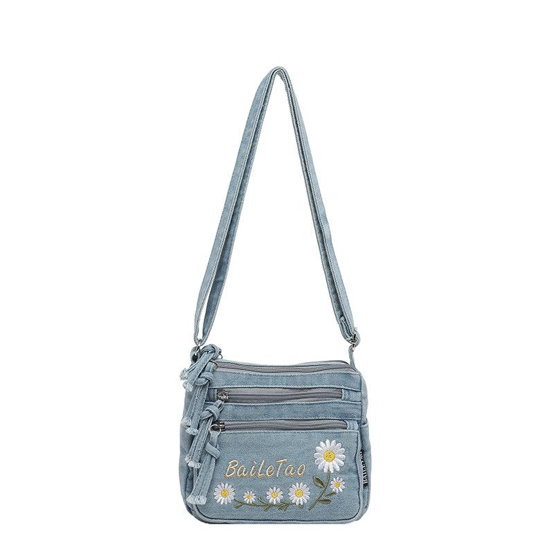 Джинсовая сумка через плечо Женская с вышивкой в виде мультяшного котенка Многоотдельная сумка Наплечная сумка для поездок на работу светло-синий