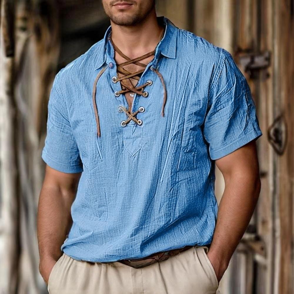 Men's Linen Shirts Long and Short Sleeved Lace Up V Neck Casual Blouse Spring Summer Thin Front Tees Tops Breathable Men Clothing
