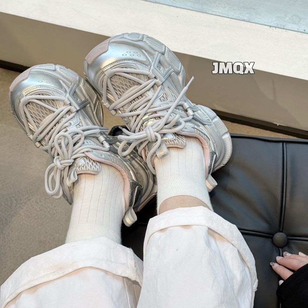 Leather Platform Dad Shoes Women's Spring New Mesh Breathable Heightening Soft Sole Lightweight Sports and Leisure Shoes