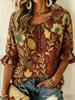 Women's Rust Red Botanical Print Tie Neck Blouse, Casual Loose Tops for Spring Summer Daily Wear & Vacation Occasions