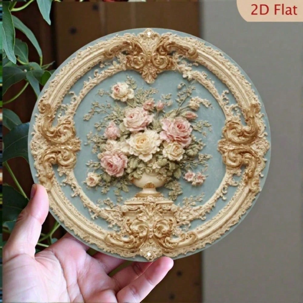 Antiker barocker goldener verzierter Rahmen Metall Wandkunst, zartrosa Rosen & grünes Laub Blumenschild, Elegante Wohnkultur
