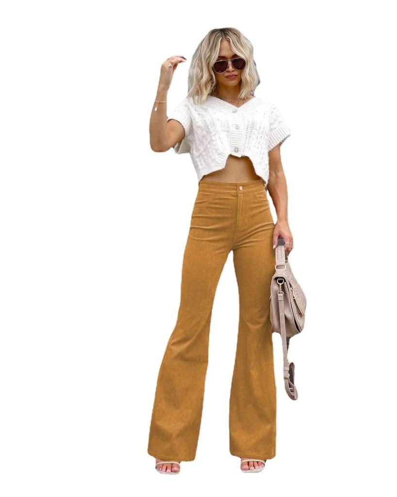 2023 jesienne sztruksowe luźne jednokolorowe spodnie typu casual damskie zimowe spodnie z wysokim stanem damskie spodnie rozkloszowane Streetwear Pantalon 29547