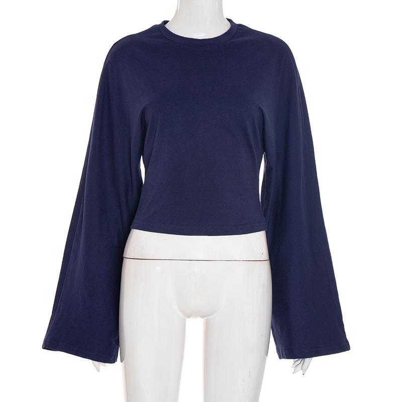 Y25TP201 European and American Women's Solid Color Round Neck, Wide Sleeve, Cinched Waist Sexy Long Sleeve Top