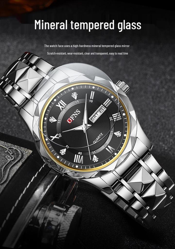 OFNS Herren Quarz Business Uhr: 3D Römische Ziffern, Doppelkalender, Wasserdicht, Edelstahlarmband.