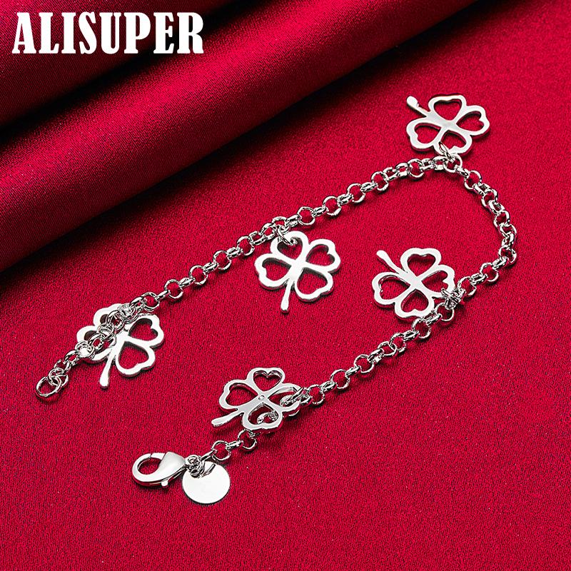 925 Sterling Silver Five Lucky Clover Flowers Pendant Bracelet Jewelry