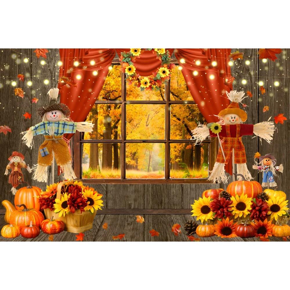 Autumn Forest Window Photography Backdrop Fall Maple Leaves Pumpkin Harvest Thanksgiving Kids Portrait Photo Background Decor