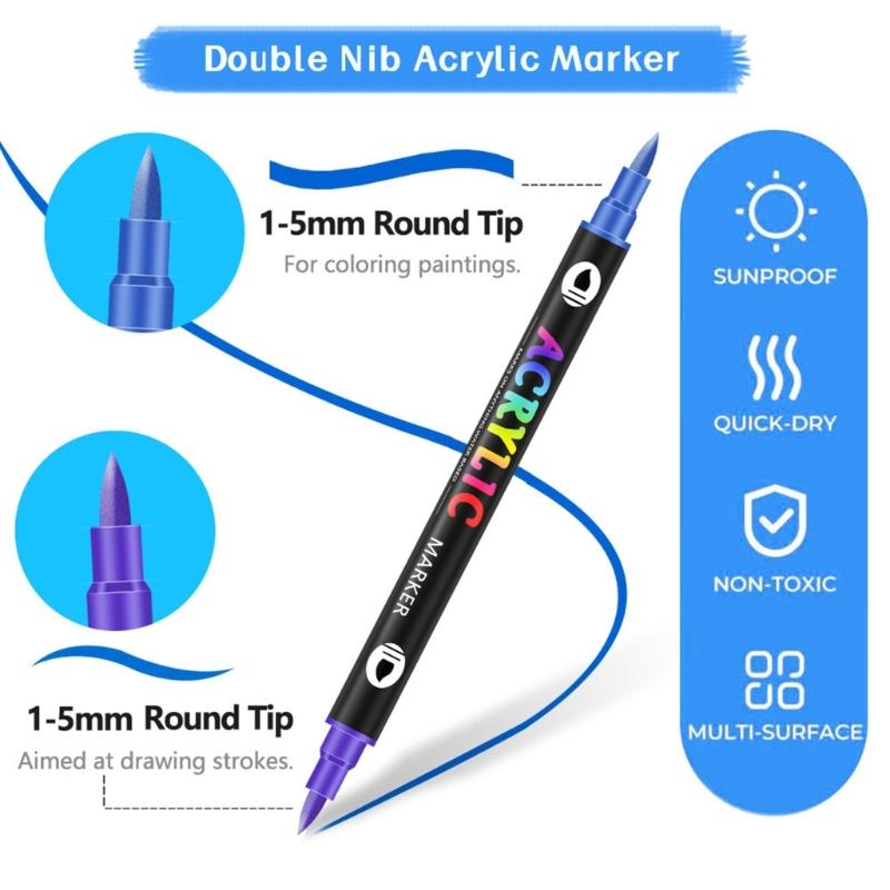 12Pieces Double Ended Acrylic Markers Acrylic Paint Pen with Brush Tip for Painting On Paper Wood Glass Ceramic Canvas