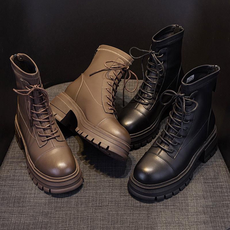 Autumn Winter Women's Thick Sole Boots Microfiber Leather New Motorcycle Boots Round Toe Chunky Shoes Winter Chelsea Boots 35-39