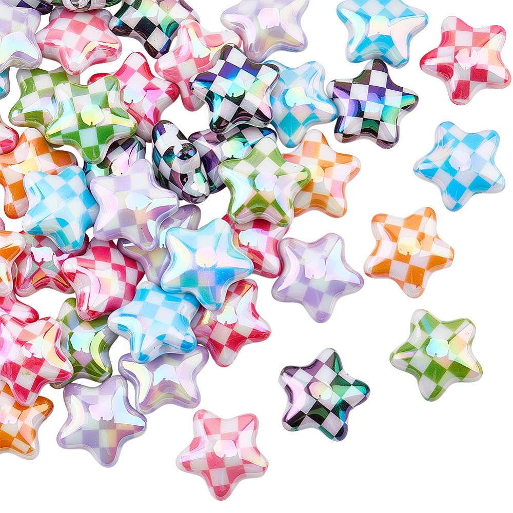 50Pcs UV Plating Opaque Acrylic Beads Iridescent Star with Check Pattern Mixed Color 20.5~21x22x10.5mm Hole: 2.8mm