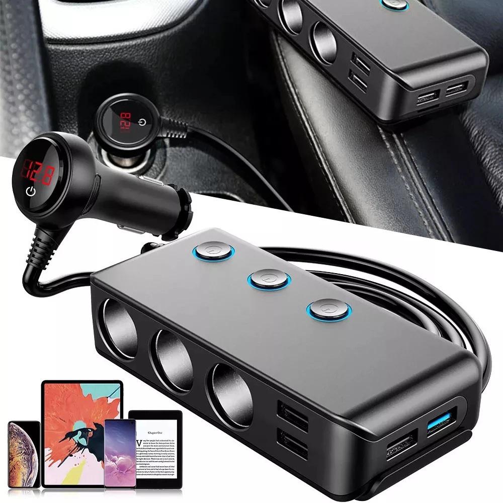 TR30 Car Cigarette Lighter Splitter: 3-Socket, 4-USB Ports, Independent Switches, QC3.0 Fast Charge, 120W, Voltage Display