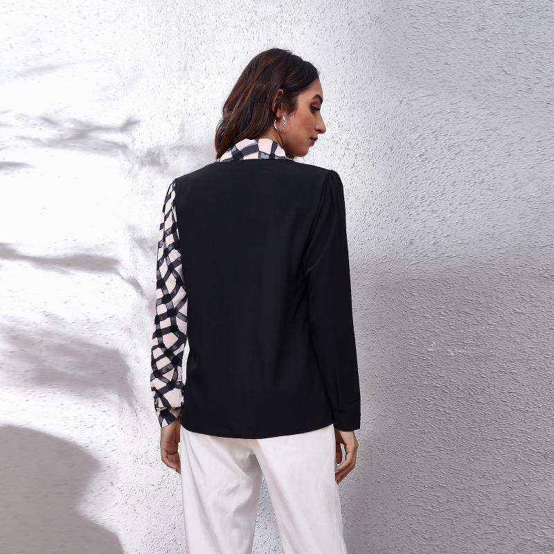 Spring and Autumn Women's Plaid Splicing Bubble Sleeve Long Sleeve Shirt