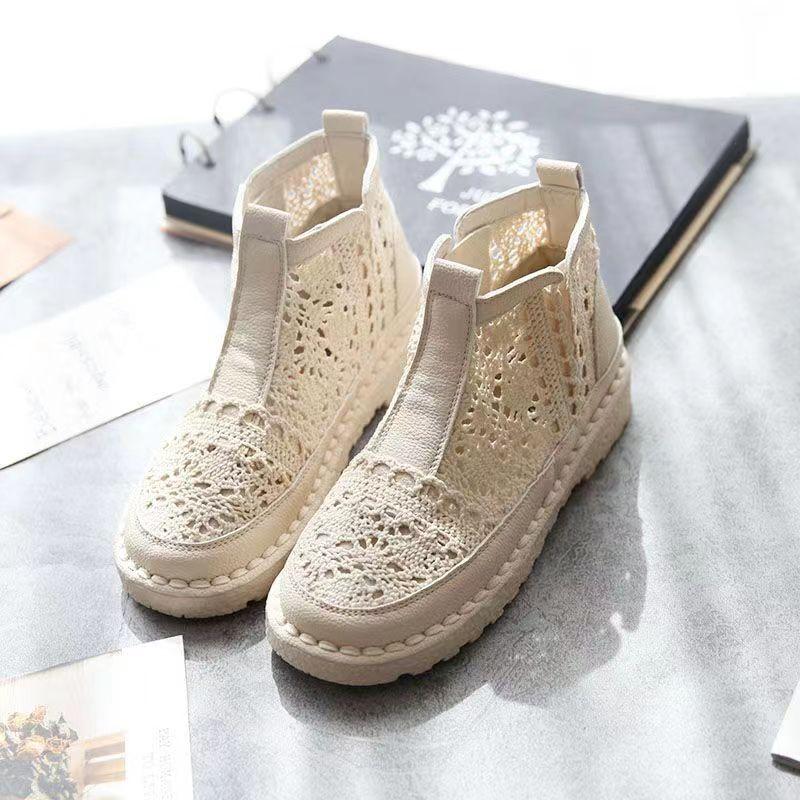 2026 Ny Sommar Dam Spets Hålmönster Höga Plattbottnade Stövlar Mjuk Sula Halkfri Andningsbara Slip-On Ankelstövlar