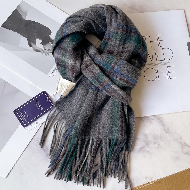 Camel brown 100 pure wool plaid scarf khaki women's winter thickened warm fringed shawl scarf