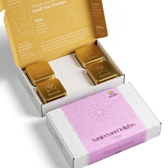 

Iron Kettle Sanjeevani Delights TeaGift Set | Made of TeaWaste Paper Box & Sourced Exclusively from Small Growers| Pack of 4 (15 TB each) 60 bags 250GM