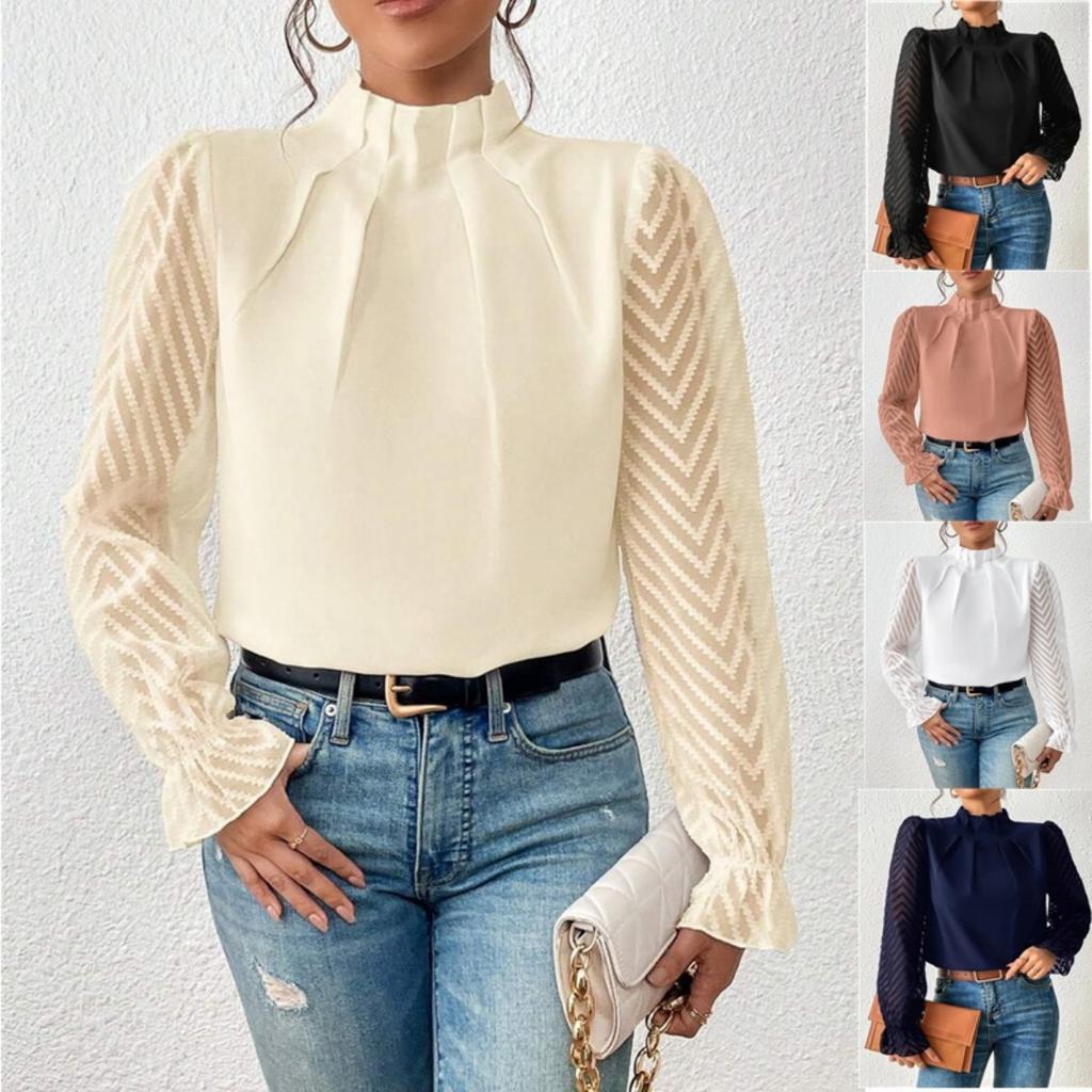 Fall Winter Women's Half Turtleneck Patchwork Wavy Chiffon Long Sleeve Top, European American Style Crossborder Women's Clothing