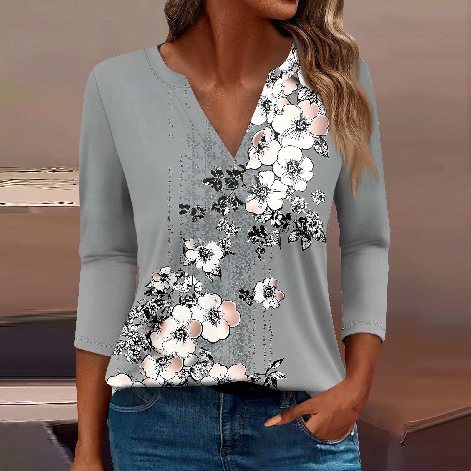 

Женская футболка Футболка с принтом Рукав 3/4 Повседневные Выходные Мода Базовый V-образный вырез Обычный топ XL