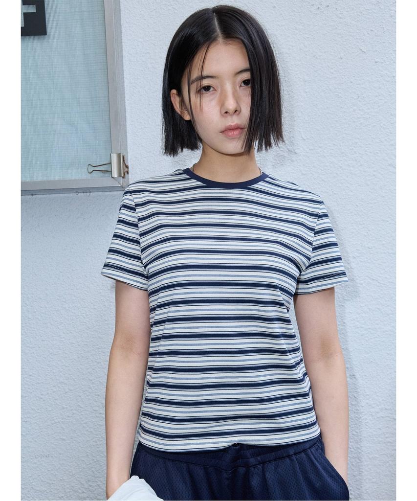 Saendeusaundeu (Women) Striped Short Sleeve T-Shirt Navy