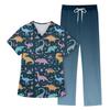 Women's Short Sleeve V Neck Animal Print Chest Pocket Work Top Elastic Waist Pants Two Piece Work Set