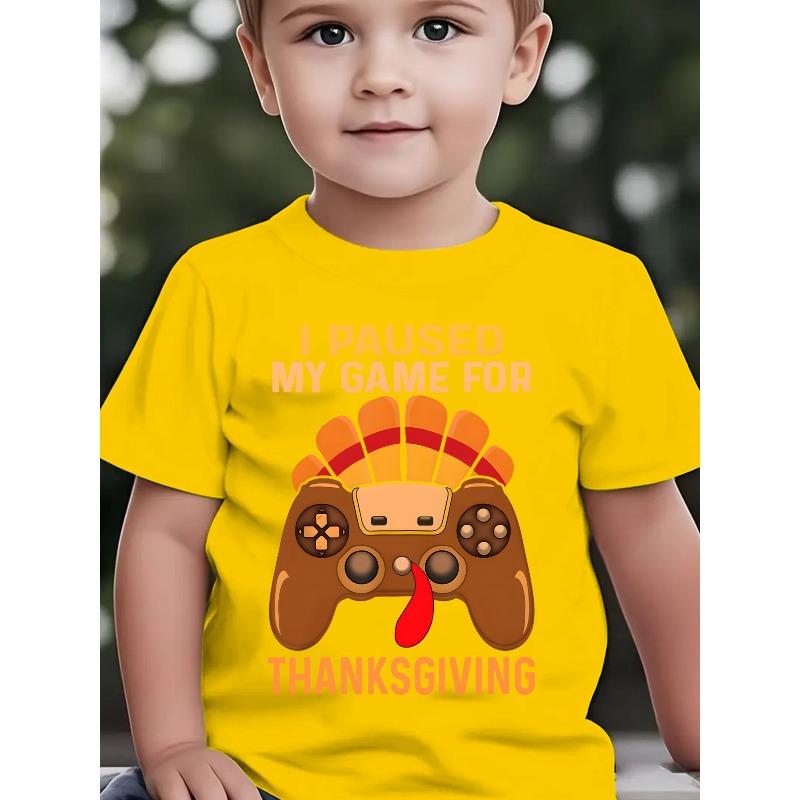 

European sizes Thanksgiving Summer Boys Fashion Short Sleeve T-Shirt I PAUSED MY GAME for THANKSGIVING Cartoon Graphic Print Outdoor Casual 164cm жовтий