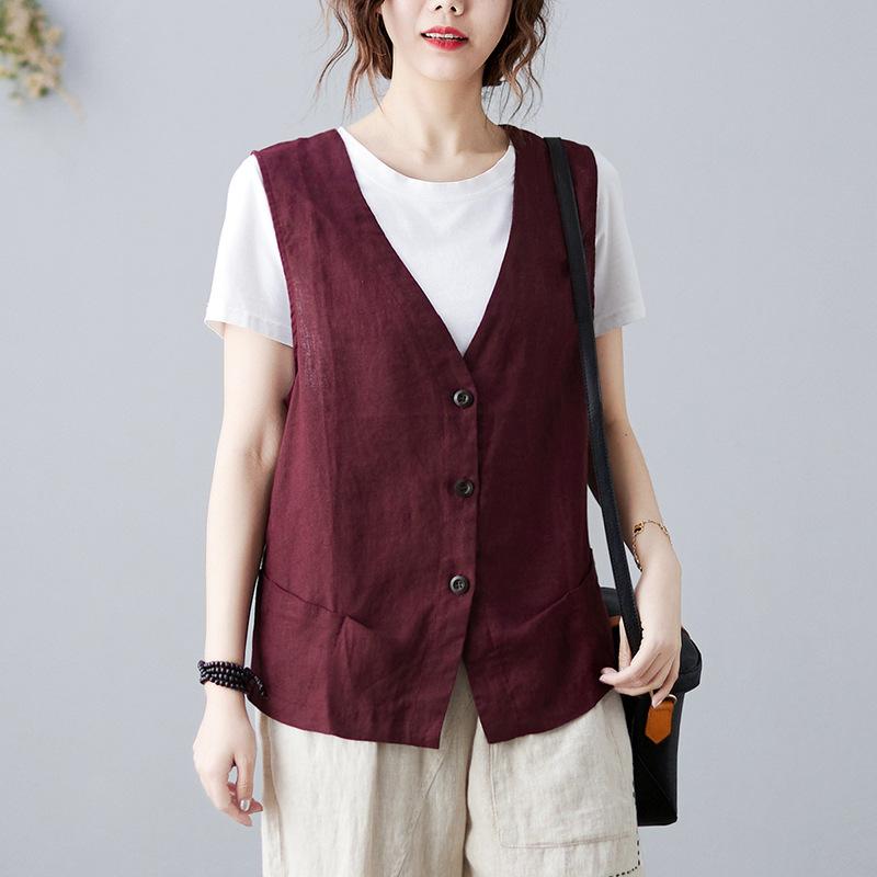 Spring and Autumn Retro Linen Vest Women's Loose All-match Sleeveless Casual Thin Vest Solid Color Waistcoat Cotton and Linen Short Jacket