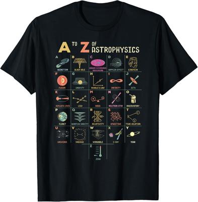 Astrofysica A tot Z Alfabet Print Grafisch T-shirt Heren Casual Korte Mouw Katoenen T-shirt voor Wetenschapsfans