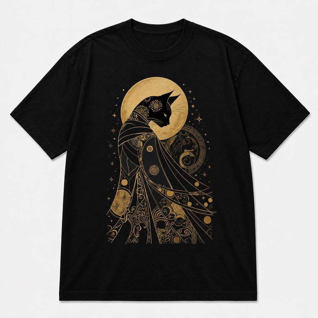 Mystical Egyptian Cat Celestial Art T-Shirt, Gold Astrology Graphic Tee