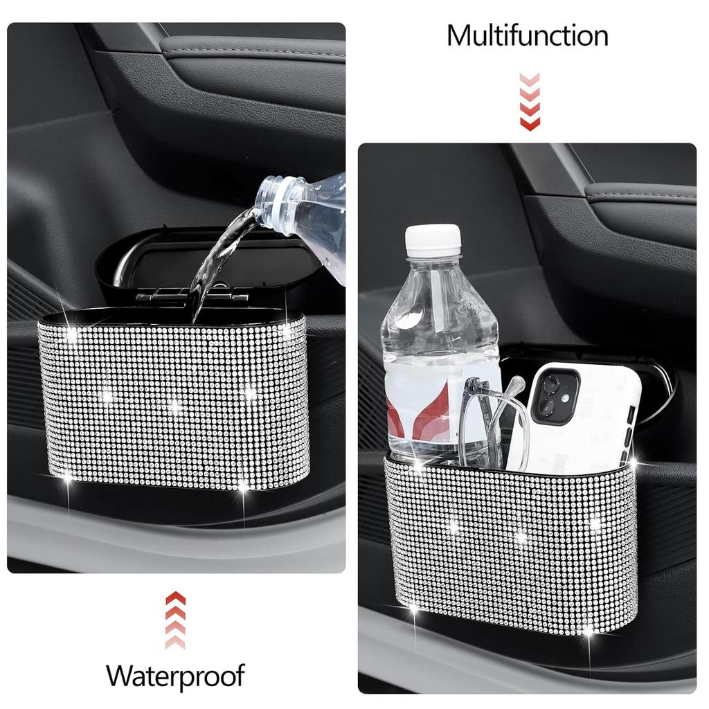 NBTEPEM Bling Car Trash Can With Lid, Mini Auto Garbage Can With 30 Trash Bags, Leakproof Automotive Garbage Container Bin, Bling Car Accessories
