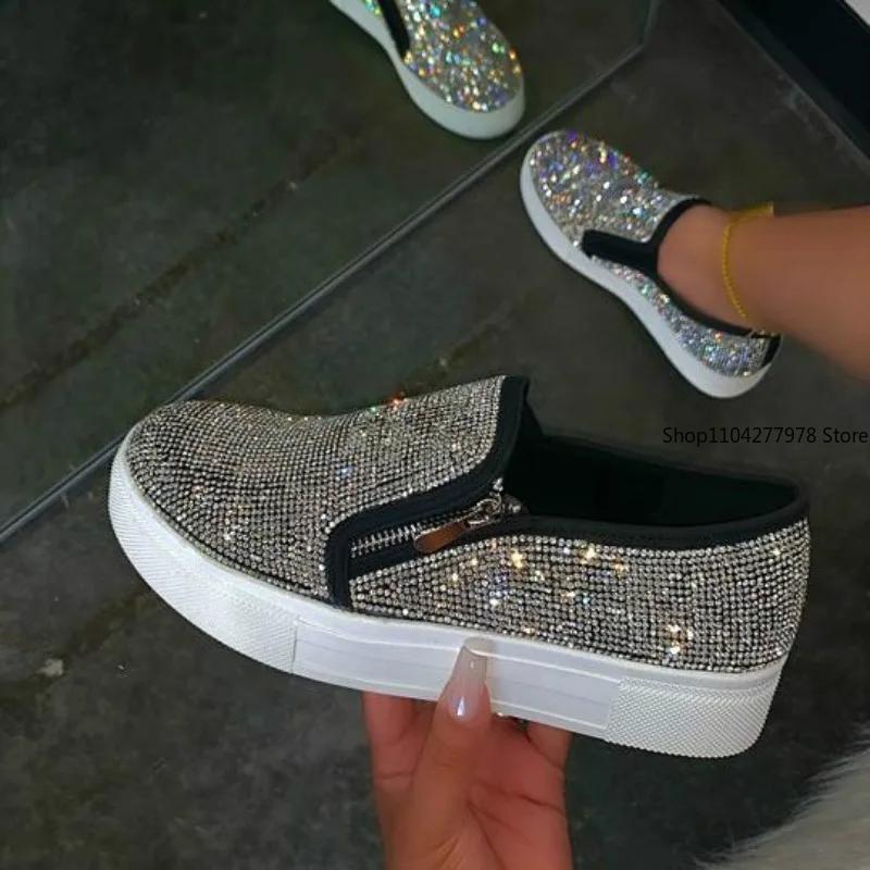 Fashion Woman Sneakers Platform Vulcanized Women Bling Crystal Loafers Autumn Women's Casual Flats Female Zip Sport Shoes Flats