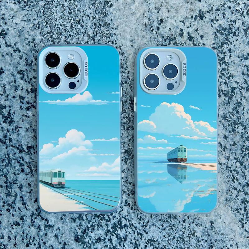 Sea Blue Sky Beach Rail Car Laser Phone Case For iPhone 16 11 12 13 Pro Max Mini 15 14 Pro Max Plus Shockproof Back Cover Fundas