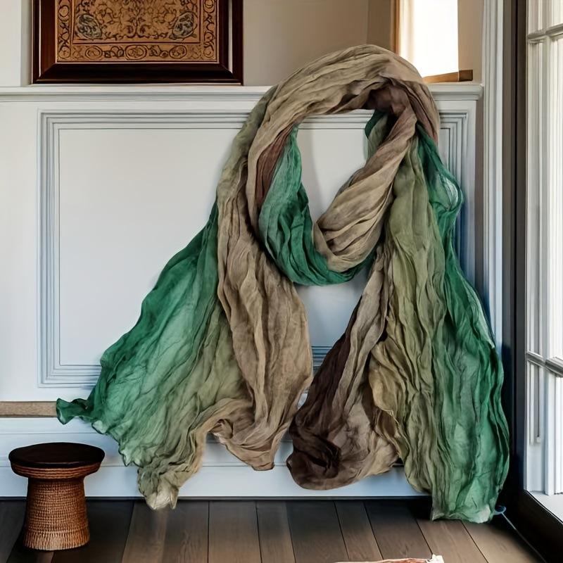 Хлопково-льняной мятый шарф с градиентом, льняной шарф с цветовыми блоками, женский льняной шарф