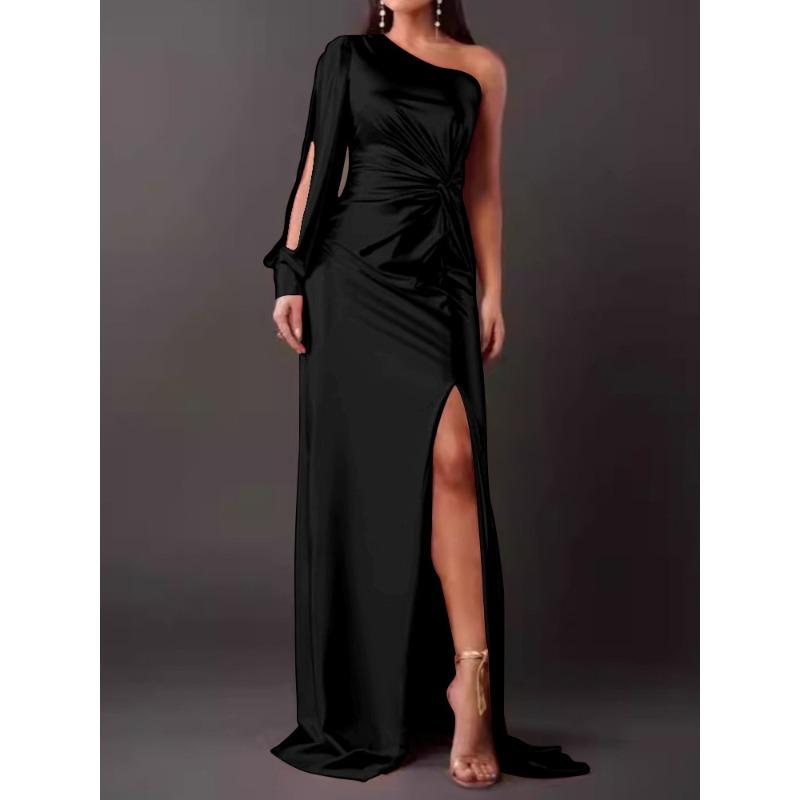Summer New Women's Clothing Diagonal Collar Shoulder Sleeve Pleated Waist Split Sexy Dress