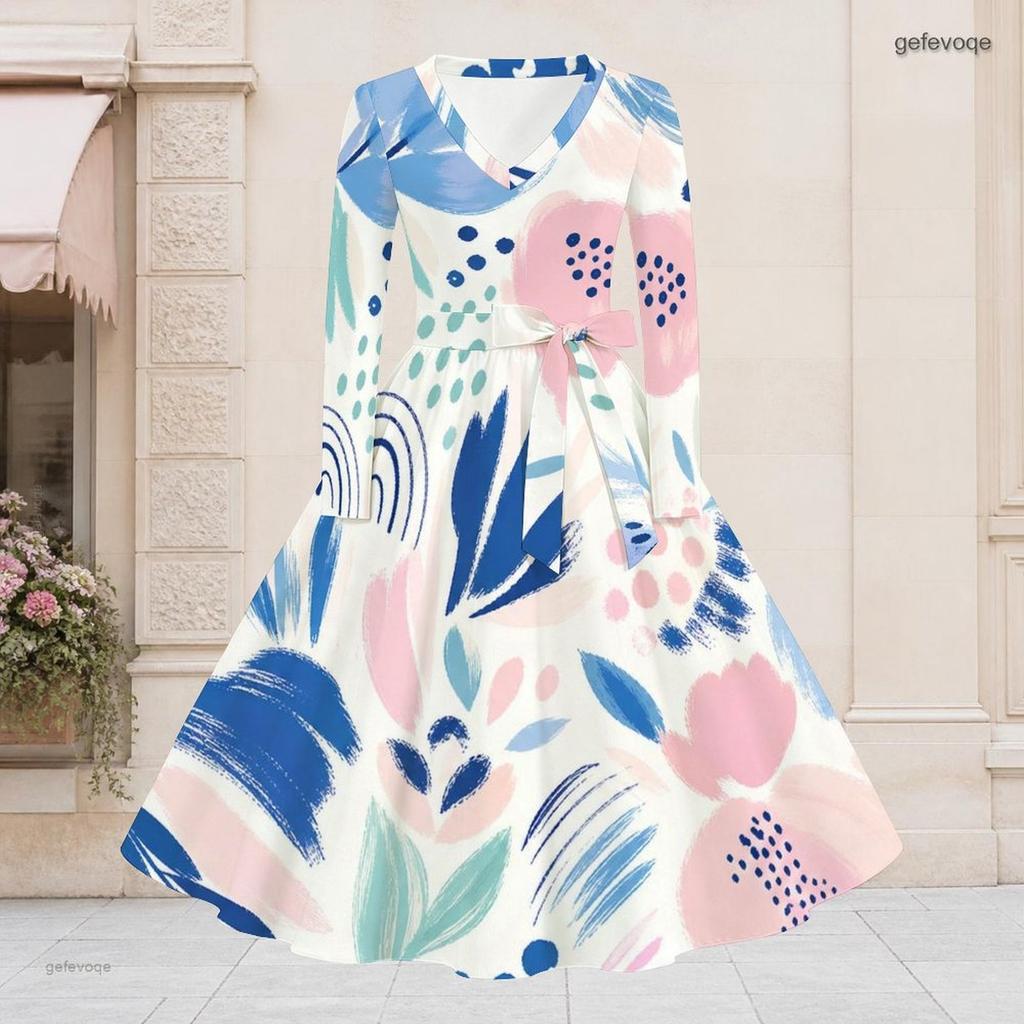 Women Plus Size V Neck Long Sleeve Printed Tie Waist A Line Flared Midi Dress