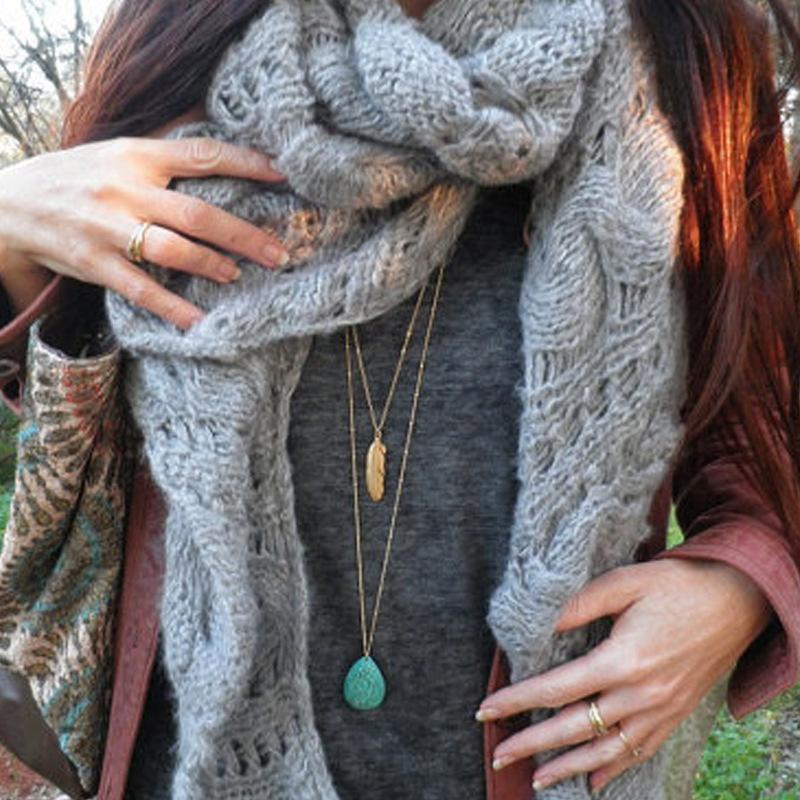 Colier cu pandantiv cu pene turcoaz în mai multe straturi pentru femei în stil boho, cadou cu lanț de pulover