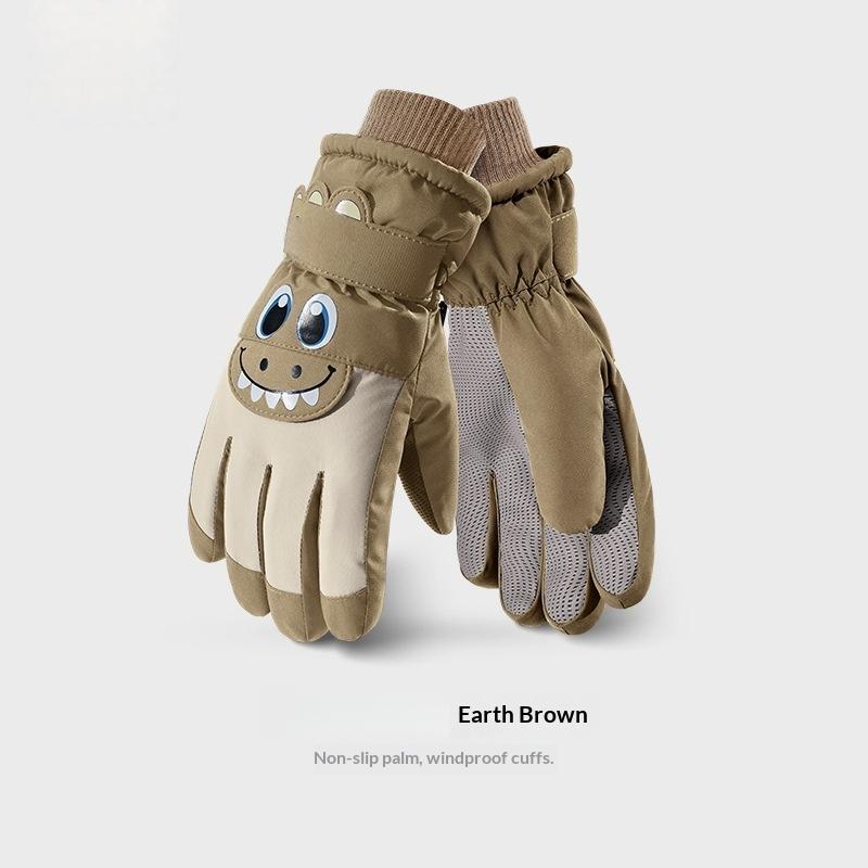 Fleece Lined Full Finger Kids Customized Unisex Ski Gloves Waterproof Anti-Slip Palm Cartoon Pattern Cold Resistant Winter хаки
