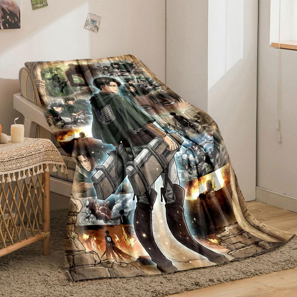 A Character with Gear Faces Dynamic Battle Scenes and Towering Titans. for All Seasons Blanket Lunch Break Throw Gift