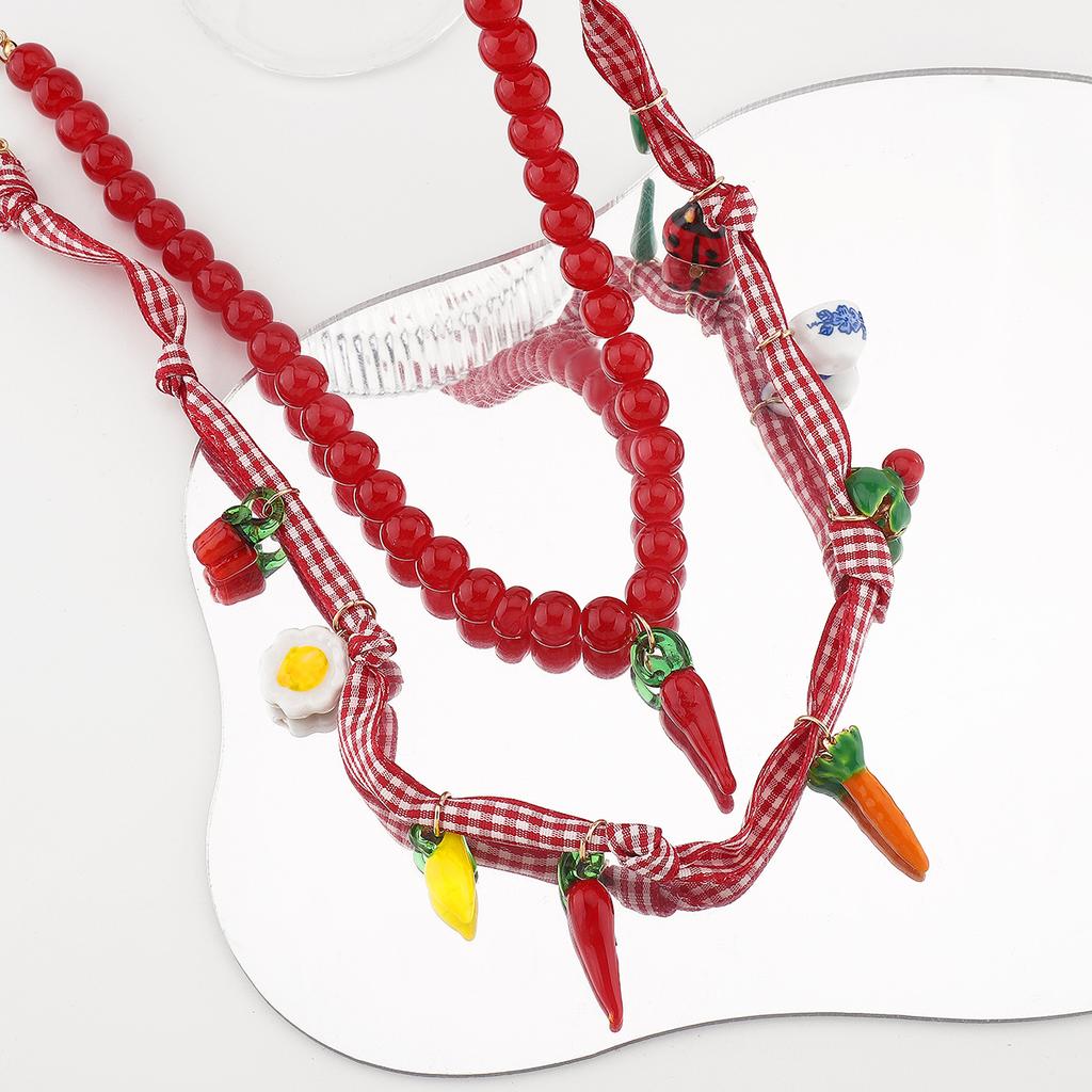 Sweet Fresh Chili Beaded Layered Necklace Handmade Oil Dropped Insect Vegetable Pendant Clavicle Chain Trendy Women Jewelry