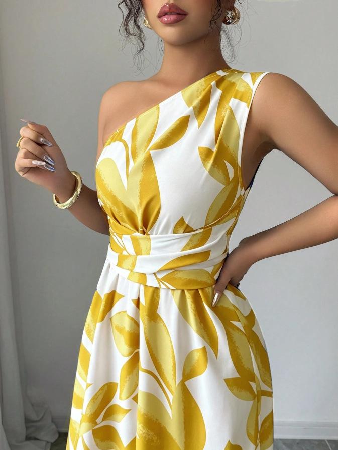 Elegant Tropical Print One-Shoulder Slit Dress - Perfect for Resort Style