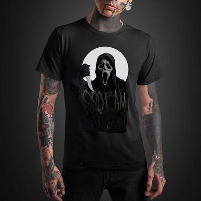 Camiseta Vintage de Halloween Rosto de Fantasma Filme de Terror Roupa Assustadora Fantasia