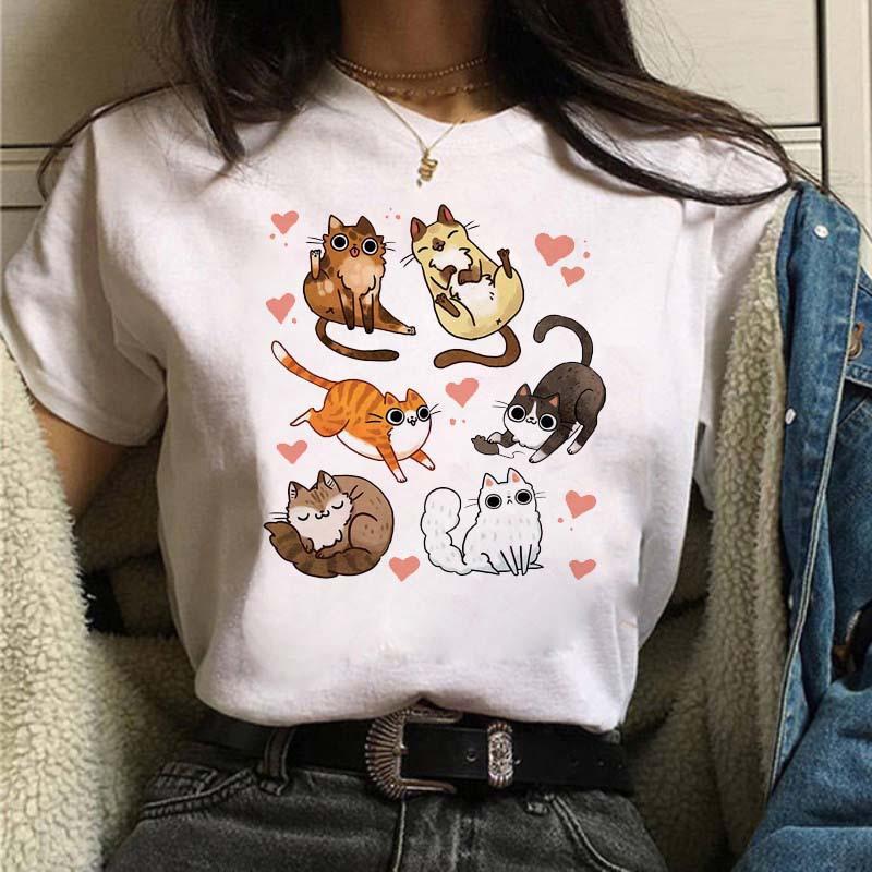 

Hotselling Fashionable Cartoon Cat Printed Roundneck Shortsleeved Tshirt Womens Clothing Graphic T Shirts Tops Modal fabric S