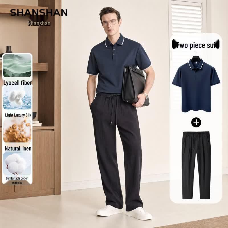 SHANSHAN Men s Cotton Blend Lyocell Short Sleeve Lapel Two-Piece Set L