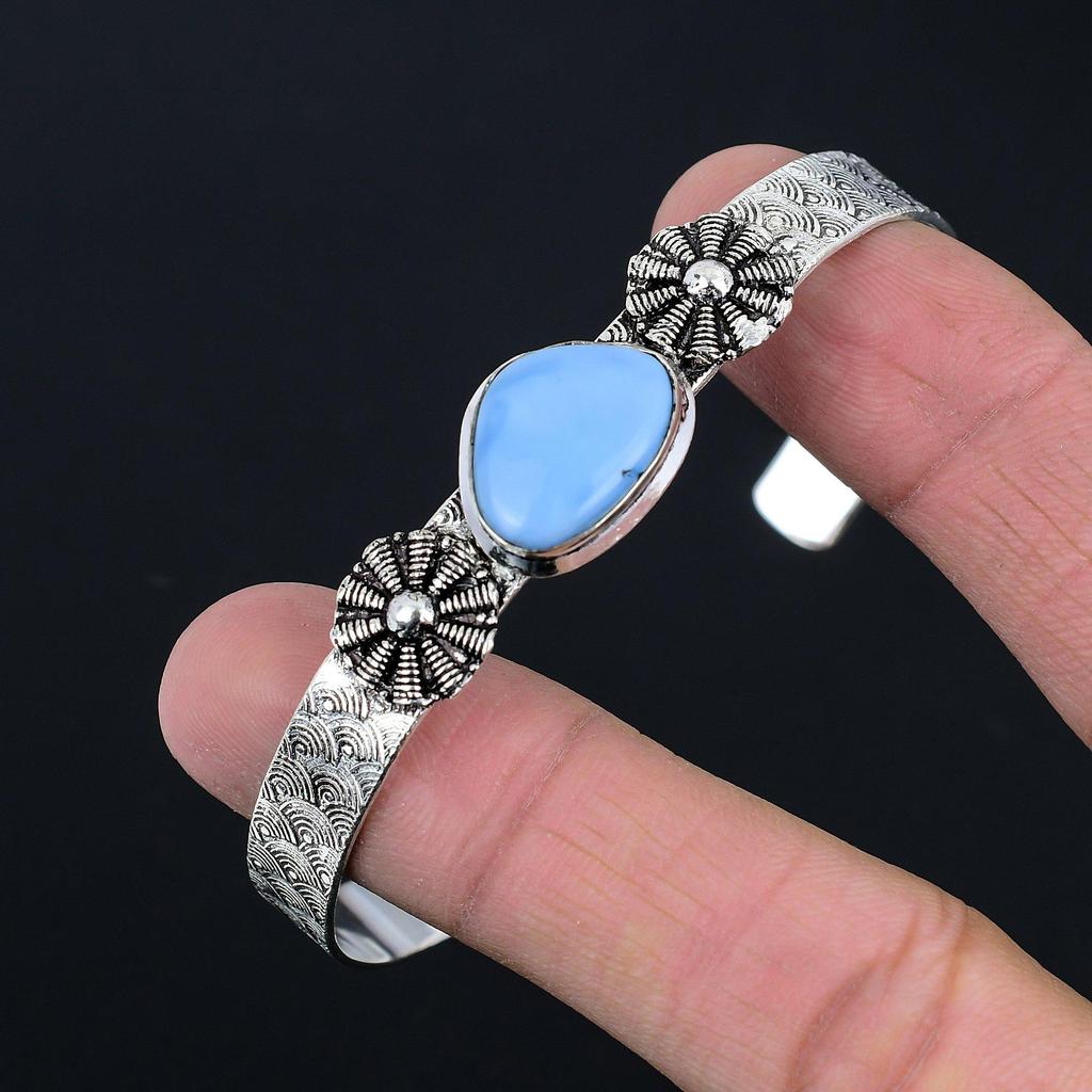 Natural Owyhee Blue Opal Gemstone Bangle Adjustable 925 Sterling Silver Jewelry