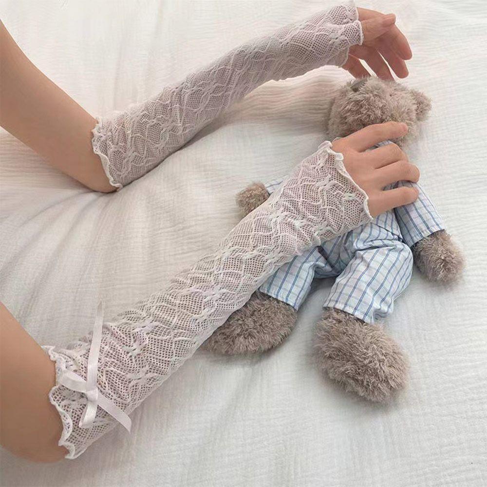 Black White Y2k Fingerless Mittens Lace Ruffle Arm Warmers Punk Lolita Lace Gloves  Women Girls