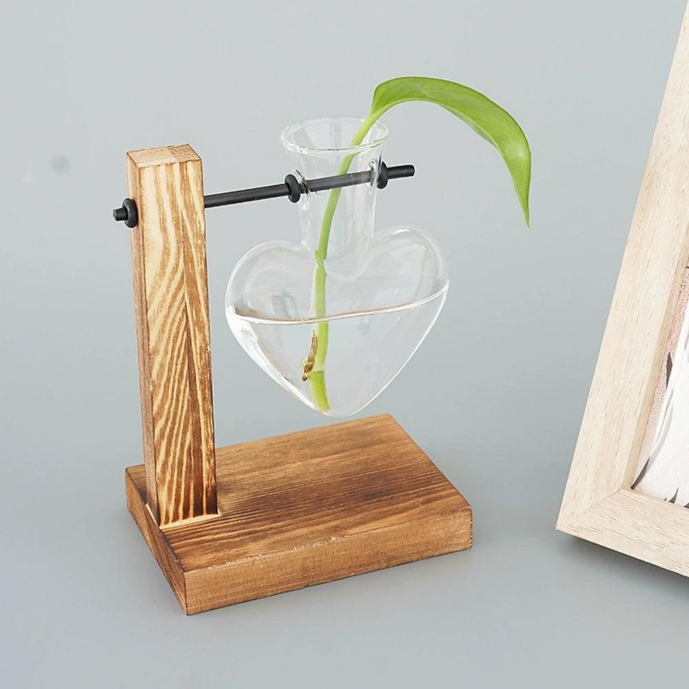 Classic Glass Hydroponic Plant Vases Transparent Wooden Stand Terrarium Vase Bulb Vase for Tabletop Plants